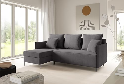 LIKMA Grau Ecksofa ZAVO L-Form 214x142 cm mit Schlaffunktion (202x140 cm) Eckcouch mit 2 Bettkasten und Füßen Wohnlandschaft Bettsofa mit Stauraum Polstermöbel Sofa von LIKMA