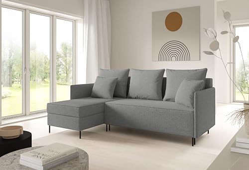 LIKMA Grau Ecksofa ZAVO L-Form 214x142 cm mit Schlaffunktion (202x140 cm) Eckcouch mit 2 Bettkasten und Füßen Wohnlandschaft Bettsofa mit Stauraum Polstermöbel Sofa von LIKMA