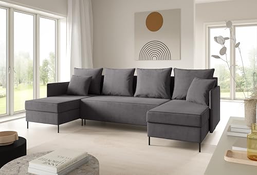 LIKMA Grau Ecksofa ZAVO U-Form 286x142 cm mit Schlaffunktion (274x140 cm) Eckcouch mit 3 Bettkasten und Füßen Wohnlandschaft Bettsofa mit Stauraum Polstermöbel Sofa von LIKMA