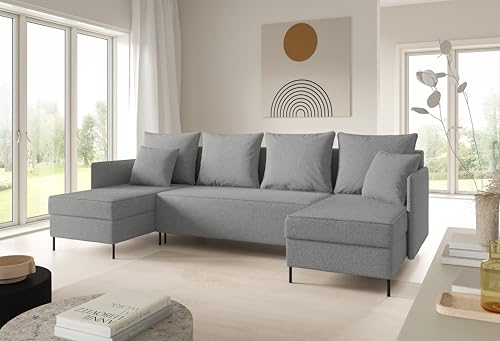 LIKMA Grau Ecksofa ZAVO U-Form 286x142 cm mit Schlaffunktion (274x140 cm) Eckcouch mit 3 Bettkasten und Füßen Wohnlandschaft Bettsofa mit Stauraum Polstermöbel Sofa von LIKMA