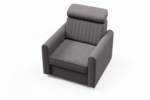 LIKMA Grau Velvet Sessel NELI mit Verstellbarer Kopfstütze TV Relaxsessel Wohnzimmer 85x91x92 cm Fernsehsessel Ergonomisch Loungesessel Moderner Ruhesessel von LIKMA