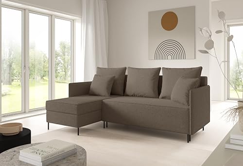 LIKMA Graubraun Ecksofa ZAVO L-Form 214x142 cm mit Schlaffunktion (202x140 cm) Eckcouch mit 2 Bettkasten und Füßen Wohnlandschaft Bettsofa mit Stauraum Polstermöbel Sofa von LIKMA