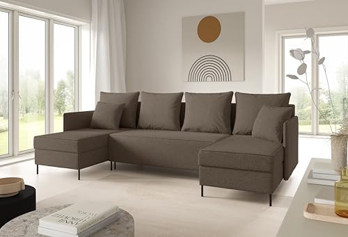 LIKMA Graubraun Ecksofa ZAVO U-Form 286x142 cm mit Schlaffunktion (274x140 cm) Eckcouch mit 3 Bettkasten und Füßen Wohnlandschaft Bettsofa mit Stauraum Polstermöbel Sofa von LIKMA
