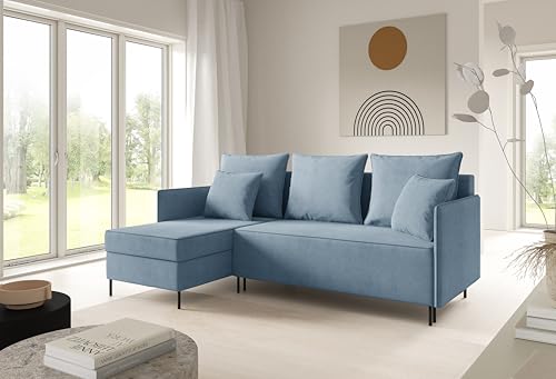 LIKMA Hellblau Ecksofa ZAVO L-Form 214x142 cm mit Schlaffunktion (202x140 cm) Eckcouch mit 2 Bettkasten und Füßen Wohnlandschaft Bettsofa mit Stauraum Polstermöbel Sofa von LIKMA