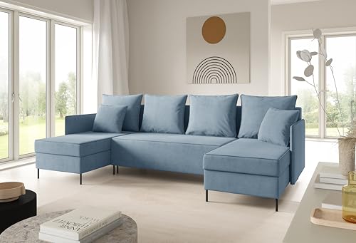 LIKMA Hellblau Ecksofa ZAVO U-Form 286x142 cm mit Schlaffunktion (274x140 cm) Eckcouch mit 3 Bettkasten und Füßen Wohnlandschaft Bettsofa mit Stauraum Polstermöbel Sofa von LIKMA