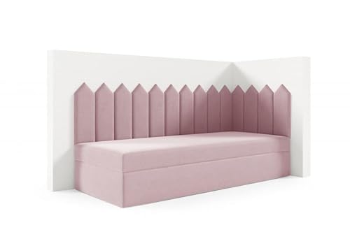 LIKMA Kinderbett 70x160 cm Hellrosa Bett mit Bettkasten Jugendbett Polsterbett Kopfteil Velvet Stoff von LIKMA
