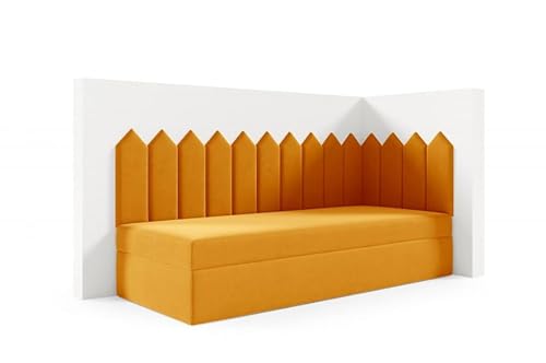 LIKMA Kinderbett 90x200 cm Senf Bett mit Bettkasten Jugendbett Polsterbett Kopfteil Velvet Stoff Trinity von LIKMA
