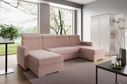 LIKMA Puderrosa Ecksofa Neli mit Schlaffunktion und Bettkasten 274 x 91 x 162 cm, U-Form, Schlafsofa, Verstellbare Kopfstützen, Wohnlandschaft, Schlafcouch, Moderne Sofas & Couches Stoff: Cloud 60 von LIKMA