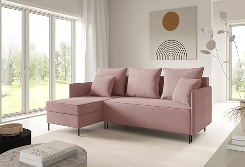 LIKMA Puderrosa Ecksofa ZAVO L-Form 214x142 cm mit Schlaffunktion (202x140 cm) Eckcouch mit 2 Bettkasten und Füßen Wohnlandschaft Bettsofa mit Stauraum Polstermöbel Sofa von LIKMA