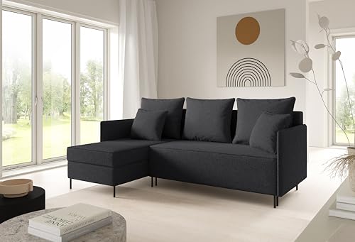 LIKMA Schwarz Ecksofa ZAVO L-Form 214x142 cm mit Schlaffunktion (202x140 cm) Eckcouch mit 2 Bettkasten und Füßen Wohnlandschaft Bettsofa mit Stauraum Polstermöbel Sofa von LIKMA