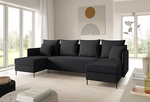 LIKMA Schwarz Ecksofa ZAVO U-Form 286x142 cm mit Schlaffunktion (274x140 cm) Eckcouch mit 3 Bettkasten und Füßen Wohnlandschaft Bettsofa mit Stauraum Polstermöbel Sofa von LIKMA