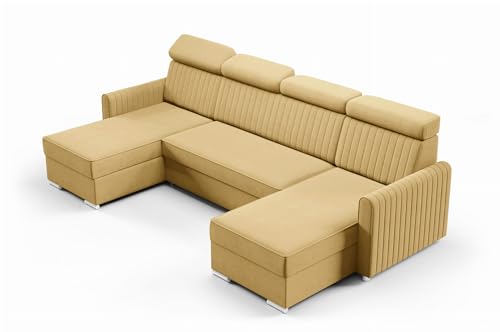 LIKMA Senf Ecksofa Neli mit Schlaffunktion und Bettkasten 274 x 91 x 162 cm, Sofa U-Form, Schlafsofa, Verstellbare Kopfstützen, Wohnlandschaft, Schlafcouch, Moderne Sofas & Couches Stoff: Cloud 32 von LIKMA