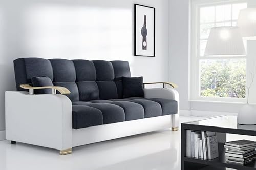 LIKMA Shandy Schlafsofa 215 cm Bonellfederkern Inari Schwarz & Weiße Kunstleder | Schlaffunktion & Bettkasten | 2 Kissen | 119x190 cm Liegefläche von LIKMA