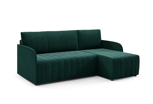 LIKMA Slim Ecksofa L-Form 208 cm Flaschengrün Moderne Sofas & Couches - Velvet Sofa mit Schlaffunktion - Schlafsofa mit Bettkasten - Wohnlandschaft mit Bettzeugbehälter Stoff: Trinity 38 von LIKMA