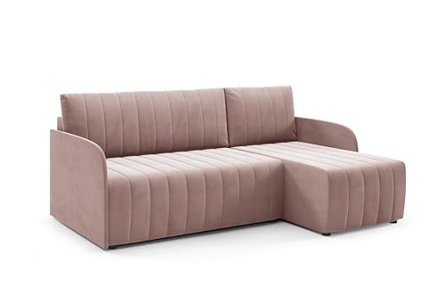 LIKMA Slim Ecksofa L-Form 208 cm Schmutziges Rosa Moderne Sofas & Couches - Velvet Sofa mit Schlaffunktion - Schlafsofa mit Bettkasten - Wohnlandschaft mit Bettzeugbehälter Stoff: Jasmine 61 von LIKMA