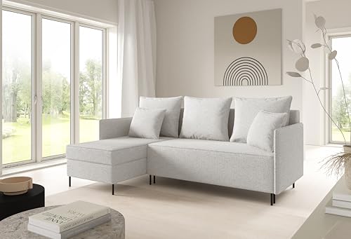 LIKMA Weiß Ecksofa ZAVO L-Form 214x142 cm mit Schlaffunktion (202x140 cm) Eckcouch mit 2 Bettkasten und Füßen Wohnlandschaft Bettsofa mit Stauraum Polstermöbel Sofa von LIKMA