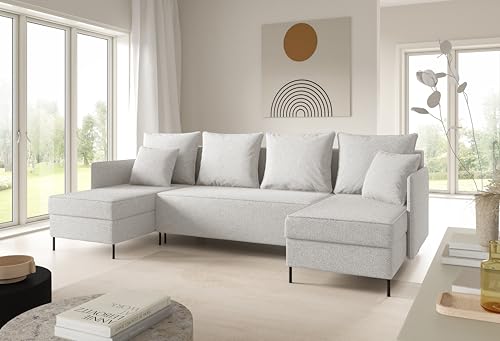 LIKMA Weiß Ecksofa ZAVO U-Form 286x142 cm mit Schlaffunktion (274x140 cm) Eckcouch mit 3 Bettkasten und Füßen Wohnlandschaft Bettsofa mit Stauraum Polstermöbel Sofa von LIKMA