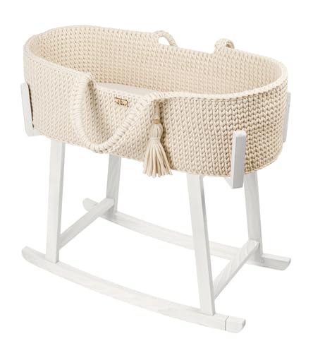 LIL'THINGS Moseskorb Set mit Schaukelgestell – Handgefertigt aus Baumwolle & Buchenholz – Mit Matratze & Wippfunktion – Komplettset - 77x37x23 cm - Ecru/Weiß von LIL'THINGS