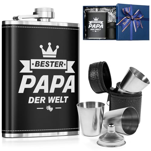 LILABIENE Flachmann Papa Geschenkset mit Gravur Bester Papa der Welt mit Becher Edelstahl Leder Schwarz Geburtstag Vatertag Weihachten 8oz/240ml von LILABIENE