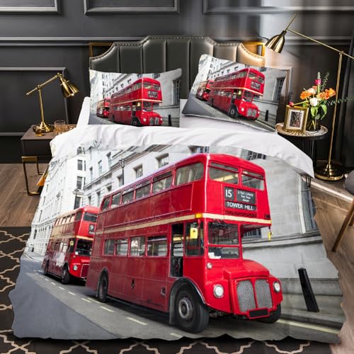 Roter Bus Bettbezüge 220x240 Bettwaren mit 2 Kissenbezug London Weiche Mikrofaser Bettwäsche-Set Bettbezüge Mit 2 Kissenbezug von LILALI