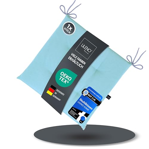 LILENO HOME 1er Set Stuhlkissen Hellblau (40x40x4,5 cm) - Sitzkissen für Gartenstuhl, Küche oder Esszimmerstuhl - UV-beständige Indoor u. Outdoor Stuhlauflage als Stuhl Kissen (Laura FUM) von LILENO HOME