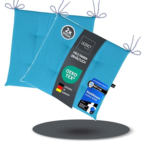 LILENO HOME 2er Set Stuhlkissen Aqua (40x40x4,5 cm) - Sitzkissen für Gartenstuhl, Küche oder Esszimmerstuhl - UV-beständige Indoor u. Outdoor Stuhlauflage als Stuhl Kissen (Laura FUM) von LILENO HOME