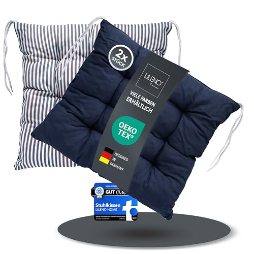 LILENO HOME 2er Set Wende Stuhlkissen Dunkelblau (40x40x6 cm) - Streifen Sitzkissen für Gartenstuhl, Küche oder Esszimmerstuhl - Indoor u. Outdoor Stuhlauflage als Stuhl Kissen (Linda FUM) von LILENO HOME