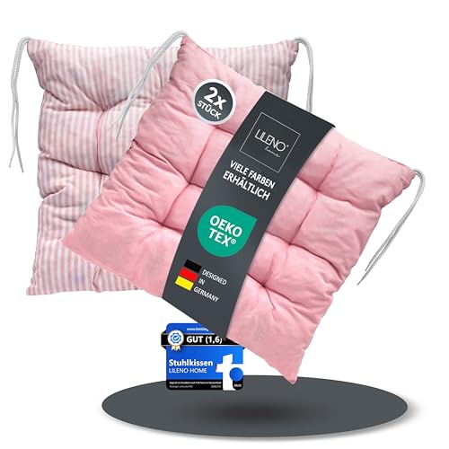 LILENO HOME 2er Set Wende Stuhlkissen Rosé (40x40x6 cm) - Streifen Sitzkissen für Gartenstuhl, Küche oder Esszimmerstuhl - Indoor u. Outdoor Stuhlauflage als Stuhl Kissen (Linda FUM) von LILENO HOME