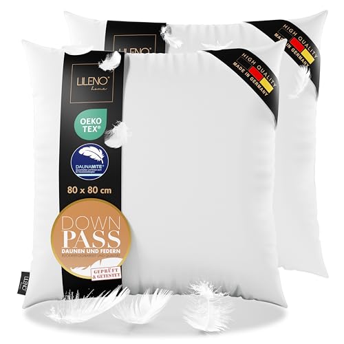 LILENO HOME 3-Kammer Daunenkissen 80x80 (2er Set) - Allergiker geeignet - Baumwoll Kissen 80x80 mit Federn & Daunen Füllung - langlebig & atmungsaktives Kopfkissen Daunen u. Federfüllung von LILENO HOME
