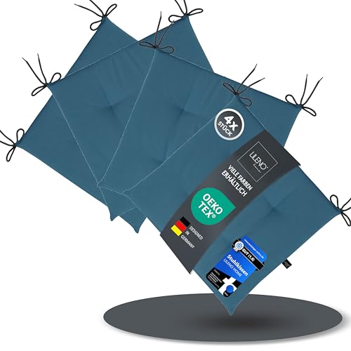 LILENO HOME 4er Set Stuhlkissen Mittelblau (40x40x4,5 cm) - Sitzkissen für Gartenstuhl, Küche oder Esszimmerstuhl - UV-beständige Indoor u. Outdoor Stuhlauflage als Stuhl Kissen (Laura FUM) von LILENO HOME