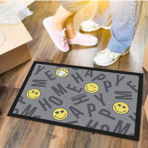 LILENO HOME Fussmatte 40x60 cm Smiley Home - Schmutzfangmatte für innen u. außen - Lustige Fußmatte Schwarz/Gelb - Waschbare u. rutschfeste Fussabtreter Türmatte als Türvorleger dünn von LILENO HOME