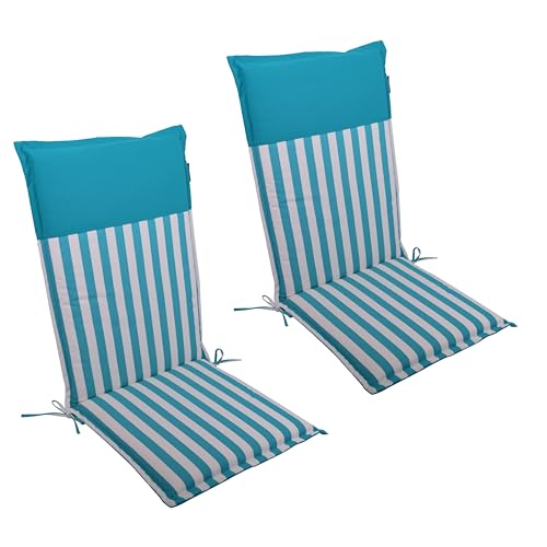 LILENO HOME Gartenstuhl Auflagen als [2er Set - Hochlehner] in Streifen Aqua - Uni Aqua - Bequeme Liegen als Sitzauflagen für Gartenmöbel - Stuhlkissen für Gartenstühle Malt von LILENO HOME
