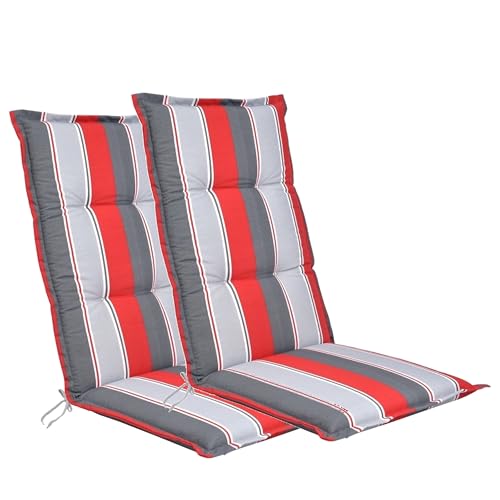 LILENO HOME Gartenstuhl Auflagen als [2er Set - Hochlehner] in Streifen Rot Grau Neu - Bequeme Liegen als Sitzauflagen für Gartenmöbel - Stuhlkissen für Gartenstühle und Klappstühle von LILENO HOME