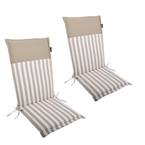 LILENO HOME Gartenstuhl Auflagen als [2er Set - Hochlehner] in Streifen Sand - Uni Sand - Bequeme Liegen als Sitzauflagen für Gartenmöbel - Stuhlkissen für Gartenstühle Malt von LILENO HOME
