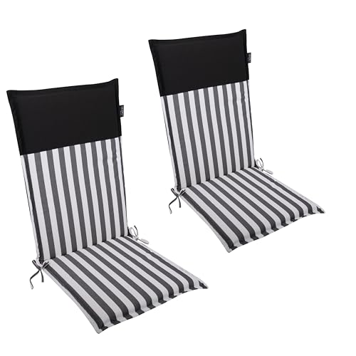 LILENO HOME Gartenstuhl Auflagen als [2er Set - Hochlehner] in Streifen Schwarz - Uni Schwarz - Bequeme Liegen als Sitzauflagen für Gartenmöbel - Stuhlkissen für Gartenstühle Malt von LILENO HOME