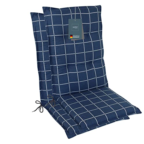 LILENO HOME Gartenstuhl Auflagen als [2er Set - Hochlehner] in Yacht-Karo Dunkelblau - Bequeme Liegen als Sitzauflagen für Gartenmöbel - Stuhlkissen für Gartenstühle und Klappstühle von LILENO HOME