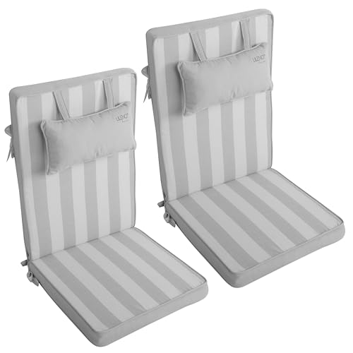 LILENO HOME Gartenstuhl Auflagen mit Kopfkissen [2er Set - Hochlehner] in Blockstreifen Grau - Sitzauflagen für Gartenmöbel - Stuhlkissen für Gartenstühle und Klappstühle Dub von LILENO HOME