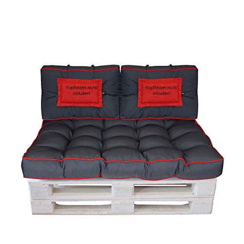 LILENO HOME Palettenkissen Set Anthrazit u. Rot - Set 2: (1x Sitzteil + 2X Rückenteil klein) - Polster für Europaletten - Palettenkissen Outdoor als Sitzkissen für Palettenmöbel von LILENO HOME