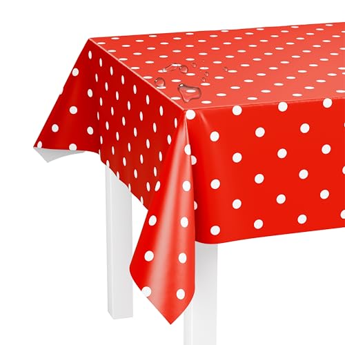 LILENO HOME Tischdecke abwaschbar als Meterware 100x140cm (Schnittkante) in Punkte Rot - Wachstuchtischdecke wasserabweisend ideal als Tischtuch o. Tischläufer für Bierzeltgarnitur von LILENO HOME
