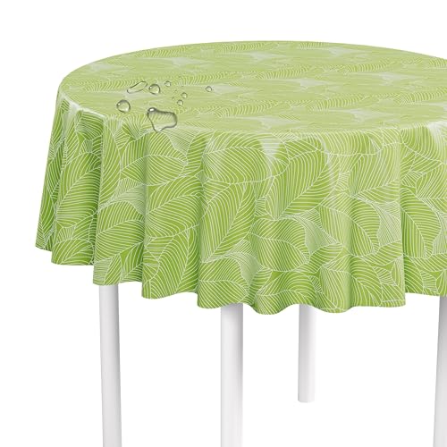 LILENO HOME Tischdecke abwaschbar als Meterware 140 cm rund (Schnittkante) in Grafikblätter grün Motiv - Wachstuchtischdecke wasserabweisend ideal als Tischtuch o. Tischläufer für Bierzeltgarnitur von LILENO HOME