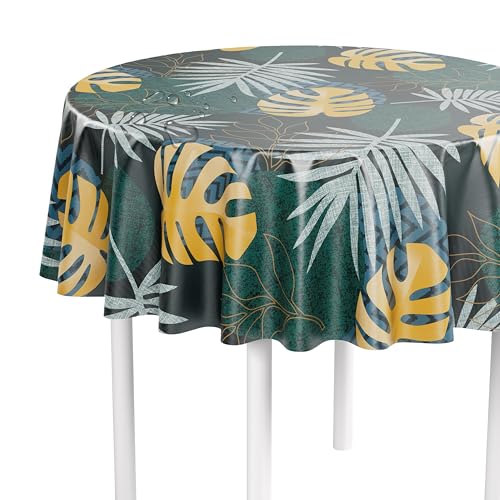 LILENO HOME Tischdecke abwaschbar als Meterware 140 cm rund (Schnittkante) in Monstera grün Motiv - Wachstuchtischdecke wasserabweisend ideal als Tischtuch o. Tischläufer für Bierzeltgarnitur von LILENO HOME
