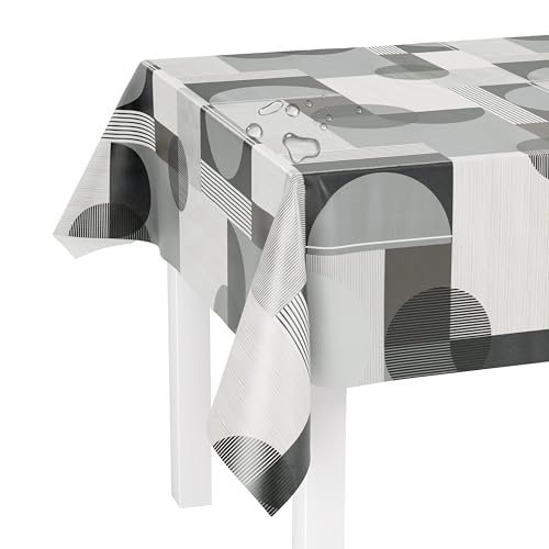LILENO HOME Tischdecke abwaschbar als Meterware 180x140cm (Schnittkante) in Kreise und Karo grau Motiv - Wachstuchtischdecke wasserabweisend ideal als Tischtuch o. Tischläufer für Bierzeltgarnitur von LILENO HOME