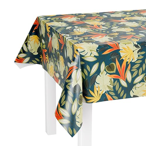LILENO HOME Tischdecke abwaschbar als Meterware 180x140cm (Schnittkante) in Nordic Leaves Blue Motiv - Wachstuchtischdecke wasserabweisend ideal als Tischtuch o. Tischläufer für Bierzeltgarnitur von LILENO HOME