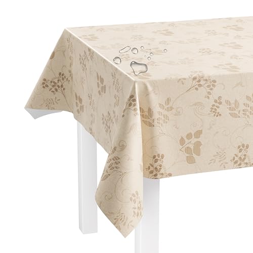 LILENO HOME Tischdecke abwaschbar als Meterware 220x140cm (Schnittkante) in Leinen mit Ranke Beige Motiv - Wachstuchtischdecke wasserabweisend ideal als Tischtuch o. Tischläufer für Bierzeltgarnitur von LILENO HOME