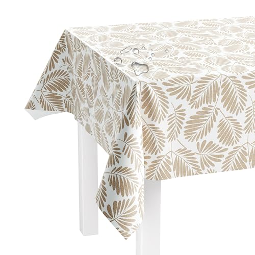LILENO HOME Tischdecke abwaschbar als Meterware 240x140cm (Schnittkante) in Stickblätter beige Motiv - Wachstuchtischdecke wasserabweisend ideal als Tischtuch o. Tischläufer für Bierzeltgarnitur von LILENO HOME