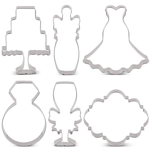 LILIAO Ausstechformen Set für Hochzeit, Jahrestag, Braut, Verlobung, 6-teilig, Diamantring, Hochzeitskleid, Kuchen, Plakette, Champagner mit Band und Champagnerglas mit Band - Edelstahl von LILIAO