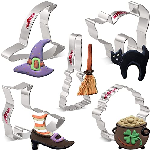 LILIAO Halloween Hexe Ausstecher Set - 5 Stück - Hexenhut, Hexenschuhe, Besen, Kessel und verängstigte Katze Keks Fondant Ausstecher - Edelstahl von LILIAO