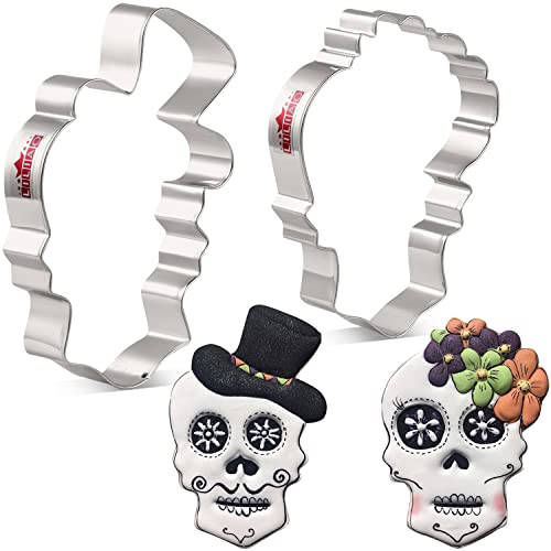 LILIAO Halloween Totenkopf Ausstecher Set - 2 Stück - Totenkopf mit Hut und Blumen Fondant Ausstechformen - Edelstahl von LILIAO