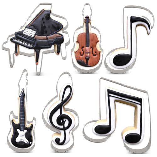 LILIAO Keksausstecher Set mit Musik, 6 Stück, Violine, Klavier, E-Gitarre, Musiknote, G-Notenschlüssel und Achtte Note, Keks Fondant Ausstechformen aus Edelstahl von LILIAO