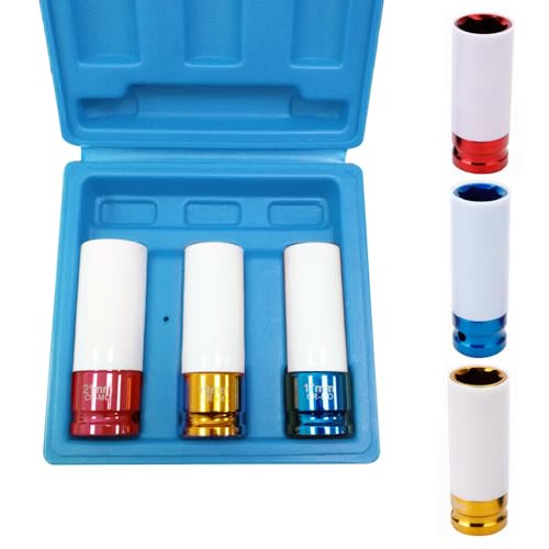 LILIIN 3tlg Kraft Schlagschrauber Alufelgen Steckschlüssel-Satz - 1/2" Nüsse Stecknuss Set - 17mm/19mm/21mm Nüsse Schoneinsätze für Radschrauben Radmuttern von LILIIN
